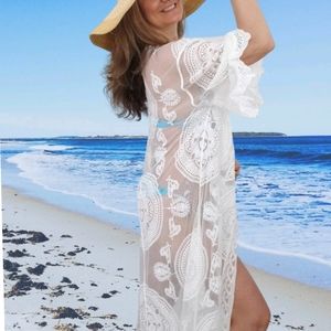 Women's White Lace Beach Kimono Cover Up
